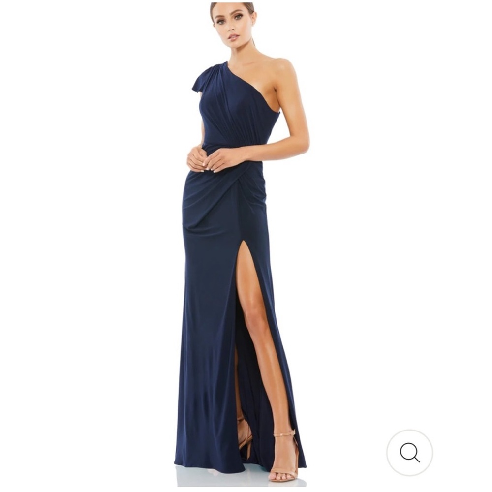Mac Duggal 67858 Ruffled One Shoulder Draped Gown Navy Blue 16